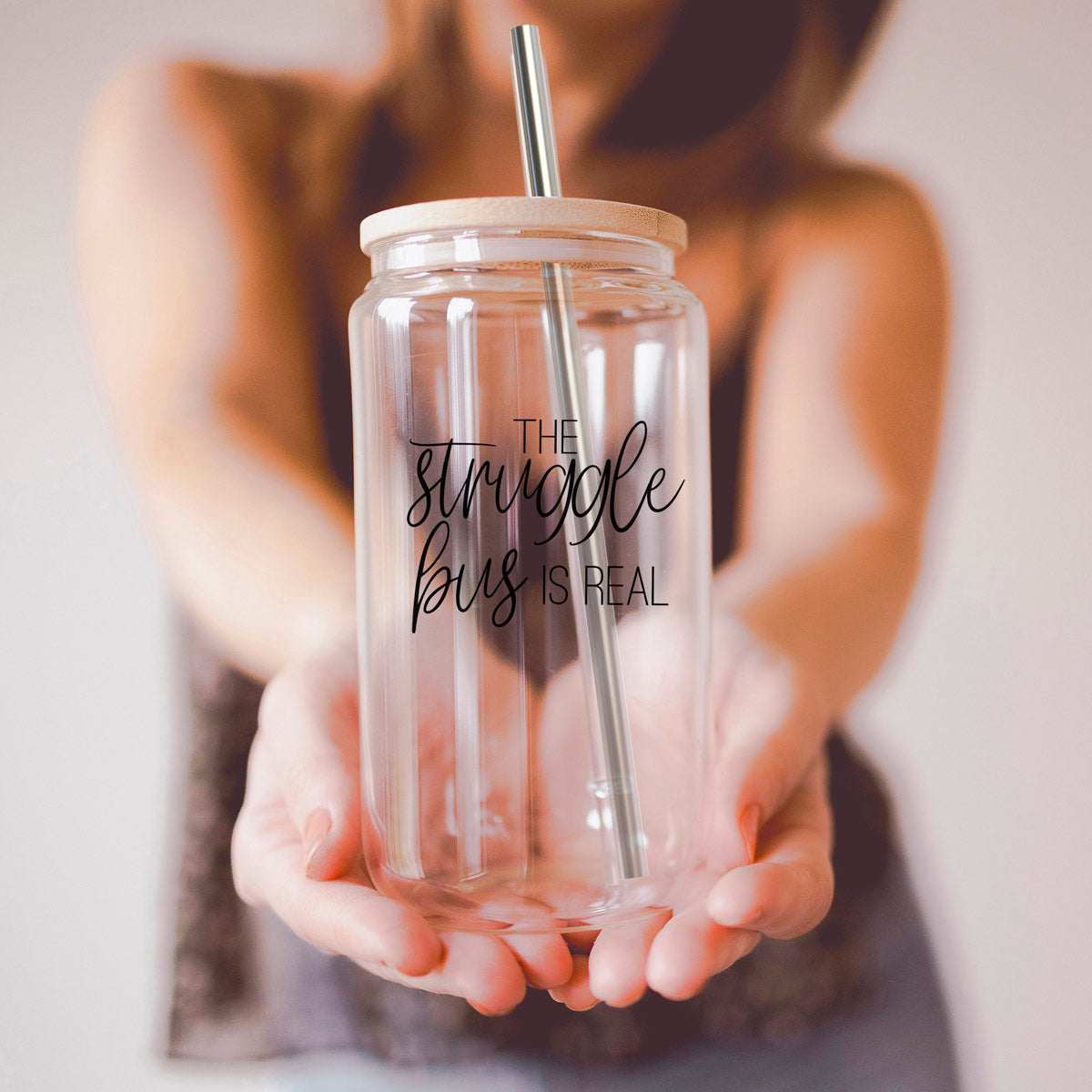 Struggle Bus 17oz Glass Tumbler Bamboo Lid 2 SS Straws and Cleaner Brush