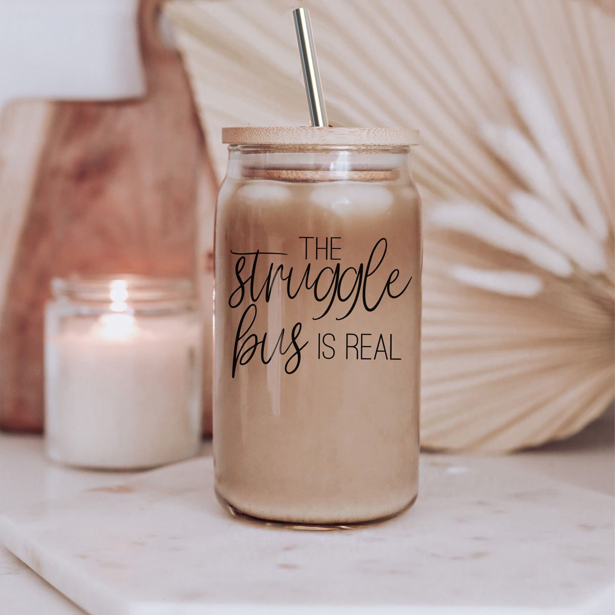 Struggle Bus 17oz Glass Tumbler Bamboo Lid 2 SS Straws and Cleaner Brush