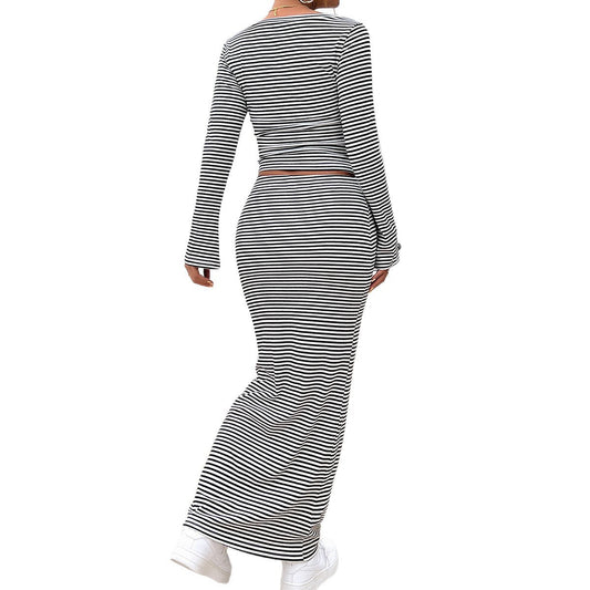 Striped T-shirt Butt Skirt Set