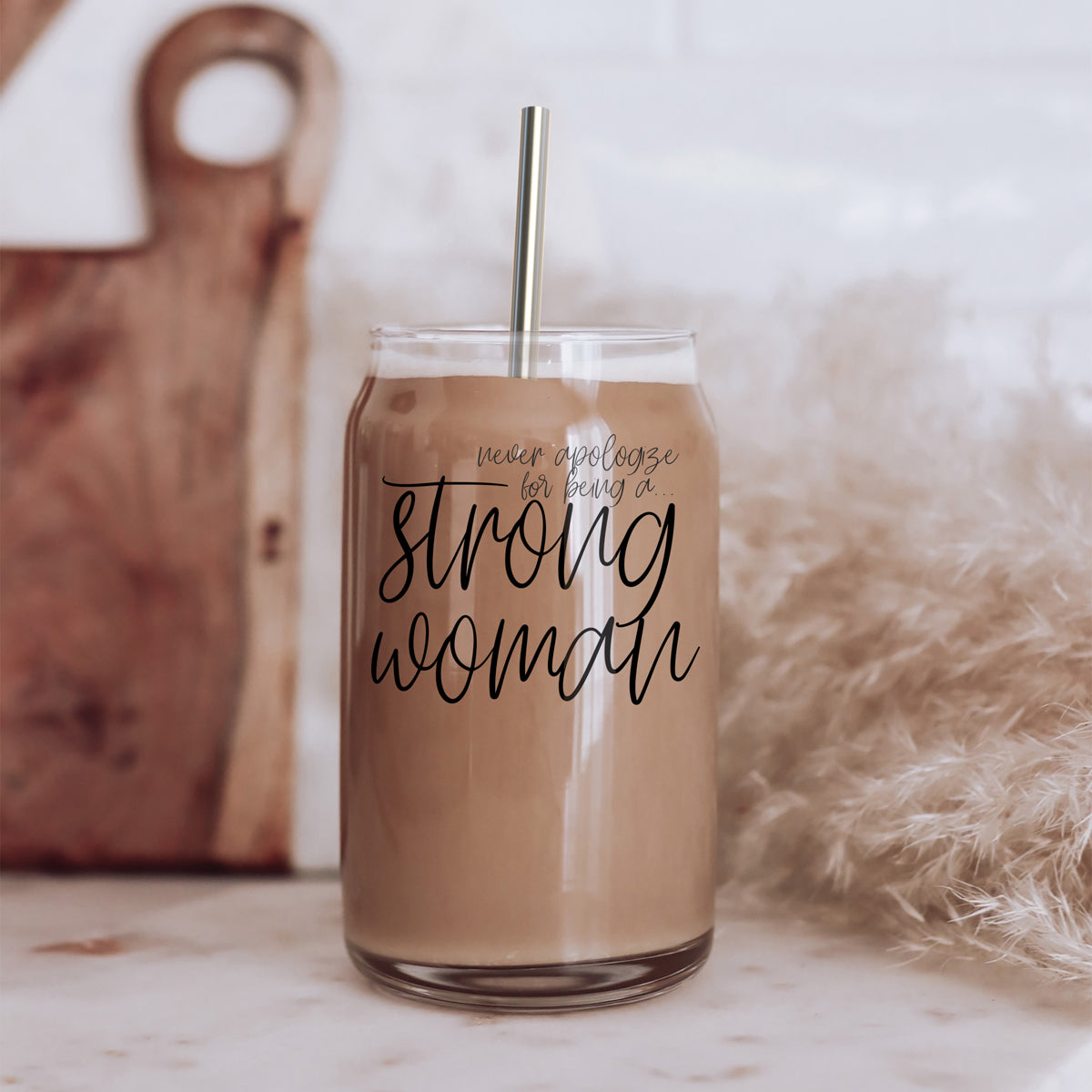 Strong Woman 17oz Glass Tumbler With Bamboo Lid And Stainless Straws - Gift