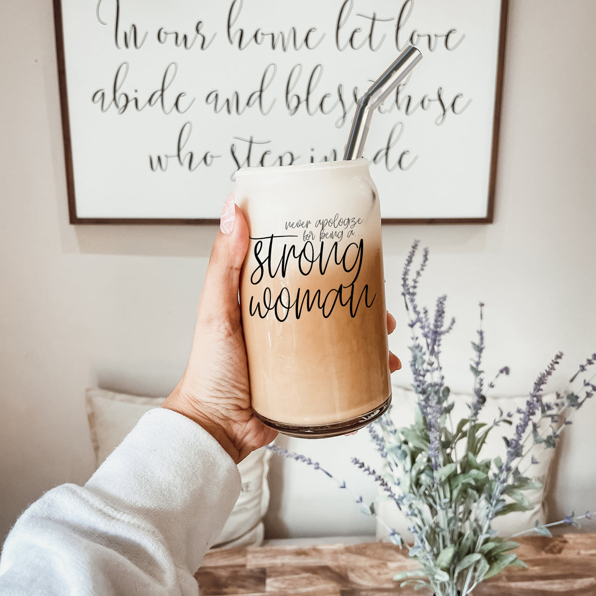Strong Woman 17oz Glass Tumbler With Bamboo Lid And Stainless Straws - Gift