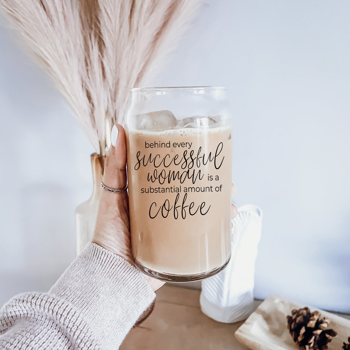 17oz Glass Tumbler Bamboo Lid Stainless Straws - Coffee Quote For Women