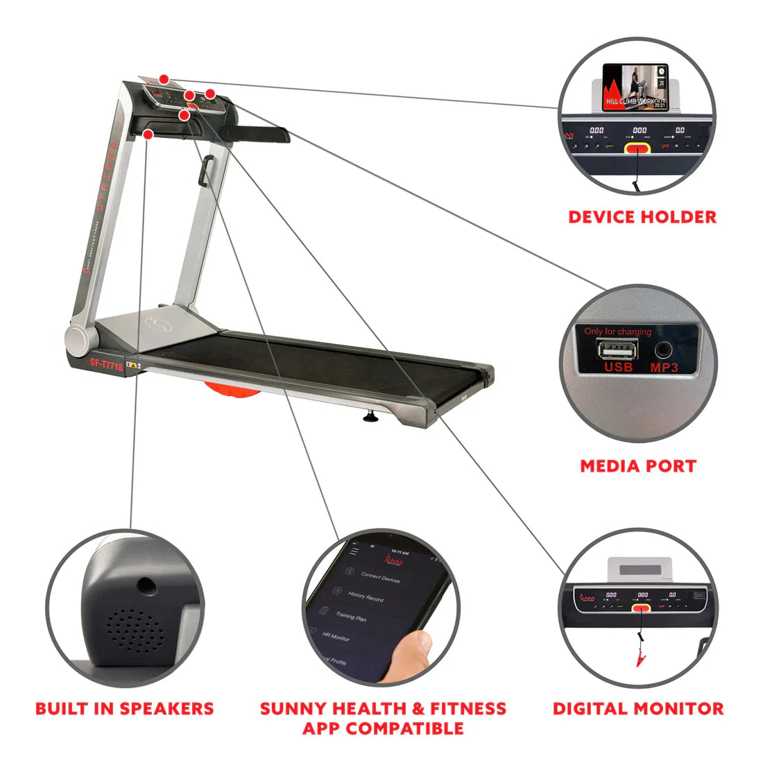 Pro Treadmill Wide Flat Folding & Low Deck by Sunny Health & Fitness