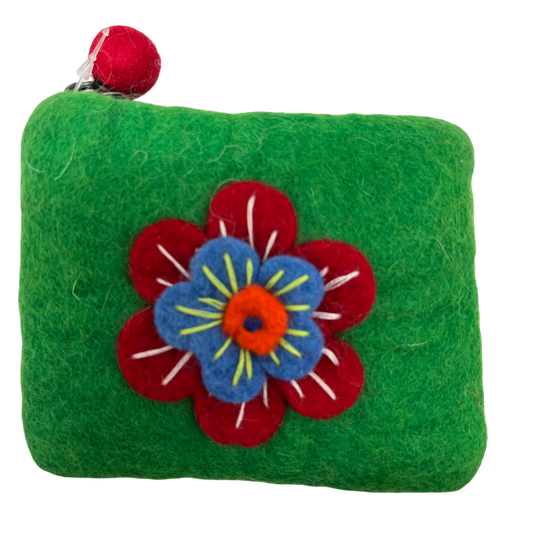 Felt Wool Coin Purse in Green with Flower Applique