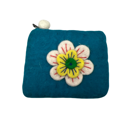 Felt Wool Coin Purse in Teal with Flower Applique