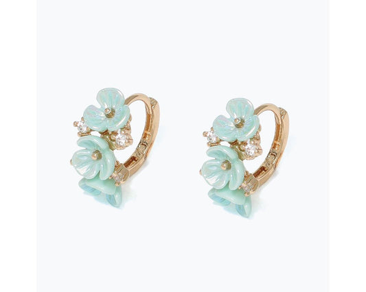 Mint Blossom Hoop Earrings with Crystal Accents