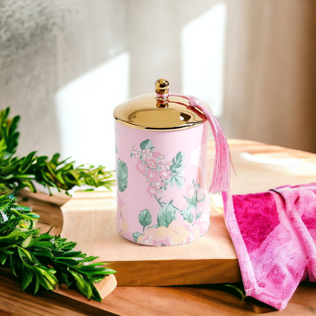 Vintage Floral Scented Soy Candle 10.6oz Porcelain Jar Gold Lid Gift Box
