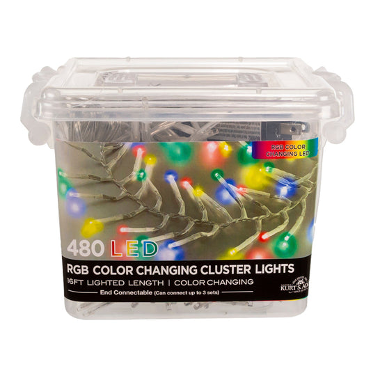 16' 480-Light Twinkle 3MM LED Color Changing Cluster Garland With Clear Wire