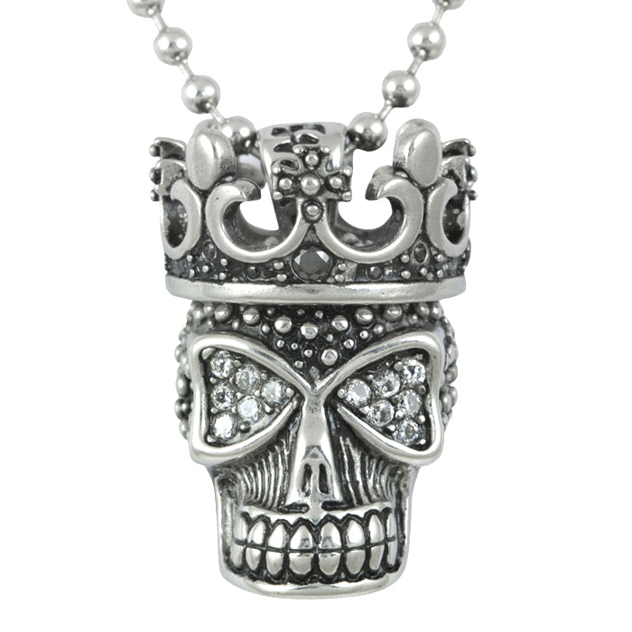 White Fire Skull Pendant Necklace Crown Crystal Gothic