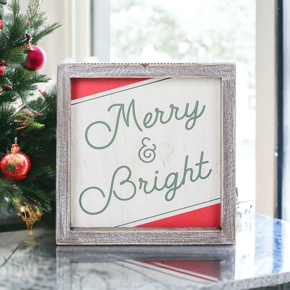 Merry And Bright 7 Inch Wood Christmas Wall Sign Red Green White Holiday Home Decor 7x7x1.5
