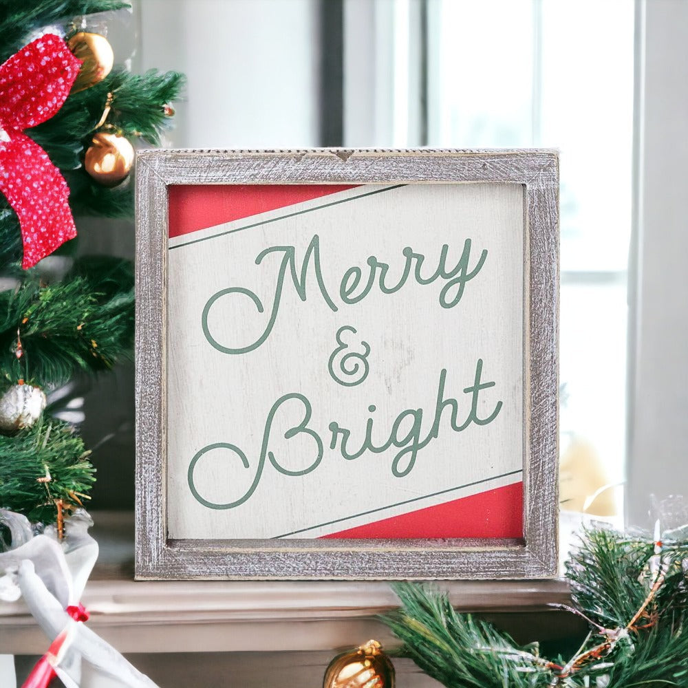 Merry And Bright 7 Inch Wood Christmas Wall Sign Red Green White Holiday Home Decor 7x7x1.5