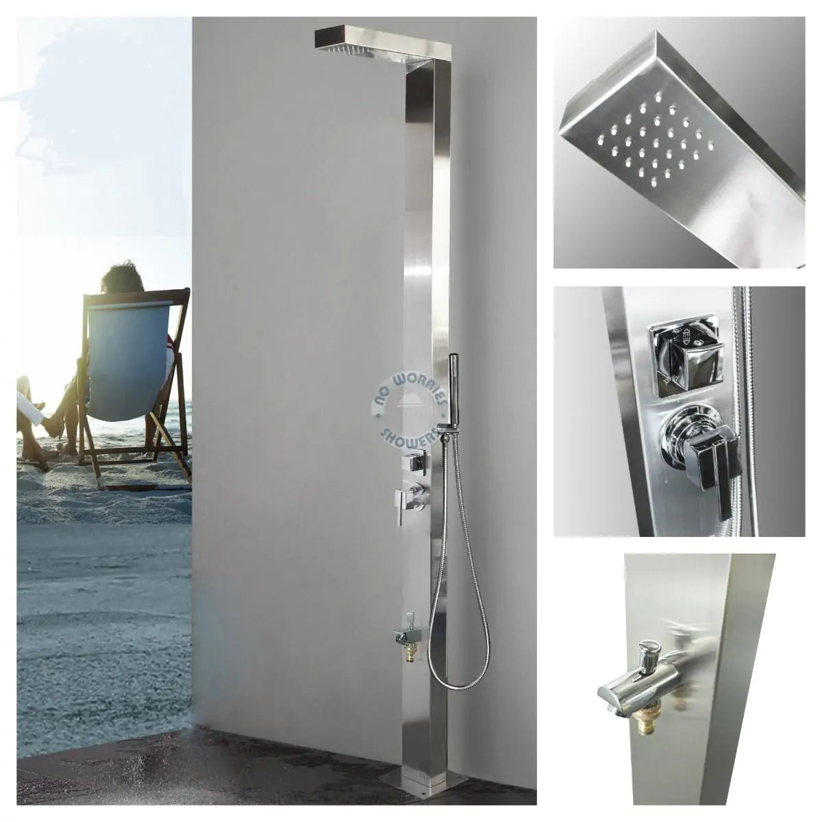 No Worries Showers Windsor Silver ADA 316L Marine Grade Stainless Steel Outdoor Pool Shower Rinse-Off Shower