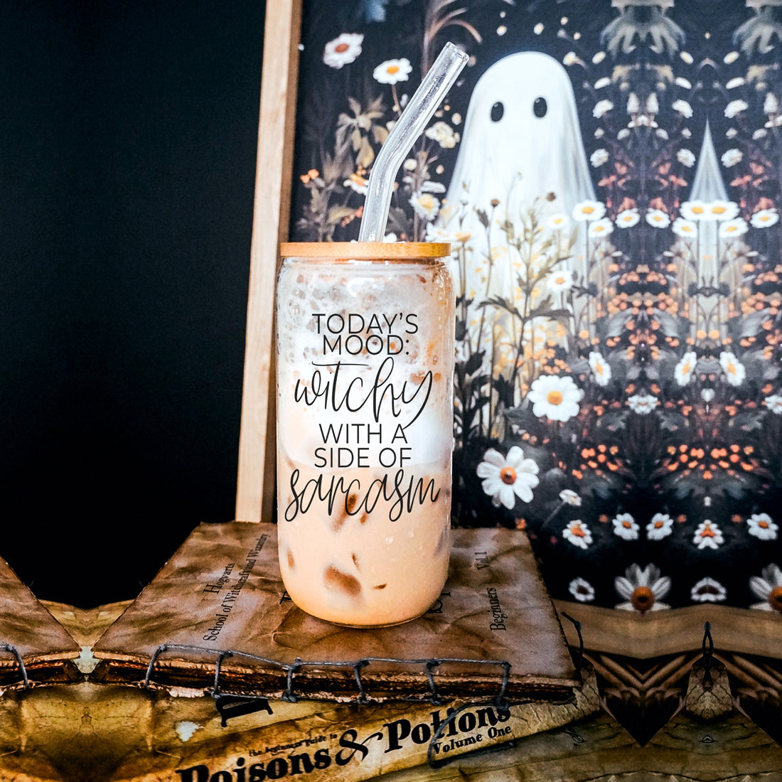 20oz Glass Tumbler Hocus Pocus Coffee Quote With Bamboo Lid Straws And Cleaner