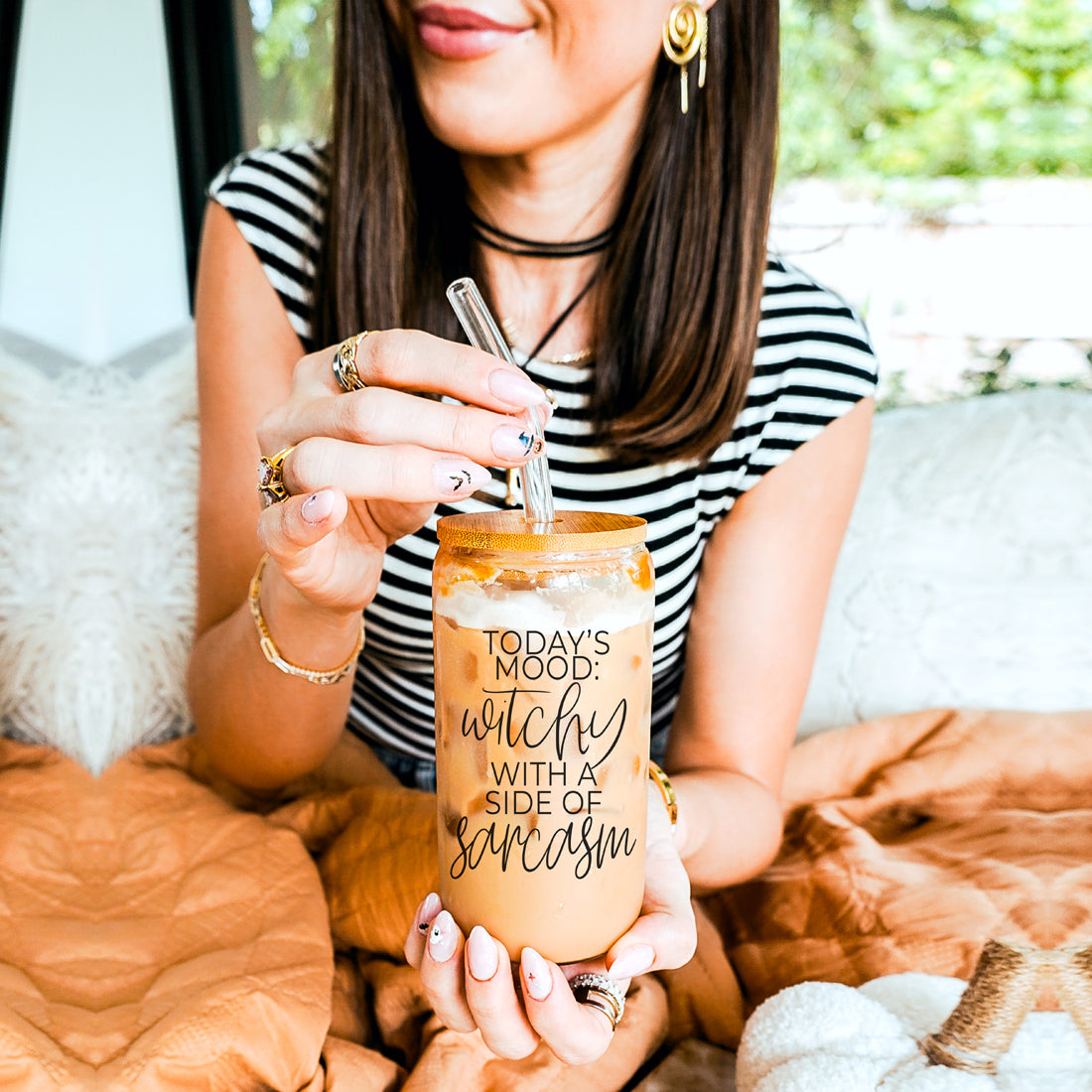 20oz Glass Tumbler Hocus Pocus Coffee Quote With Bamboo Lid Straws And Cleaner