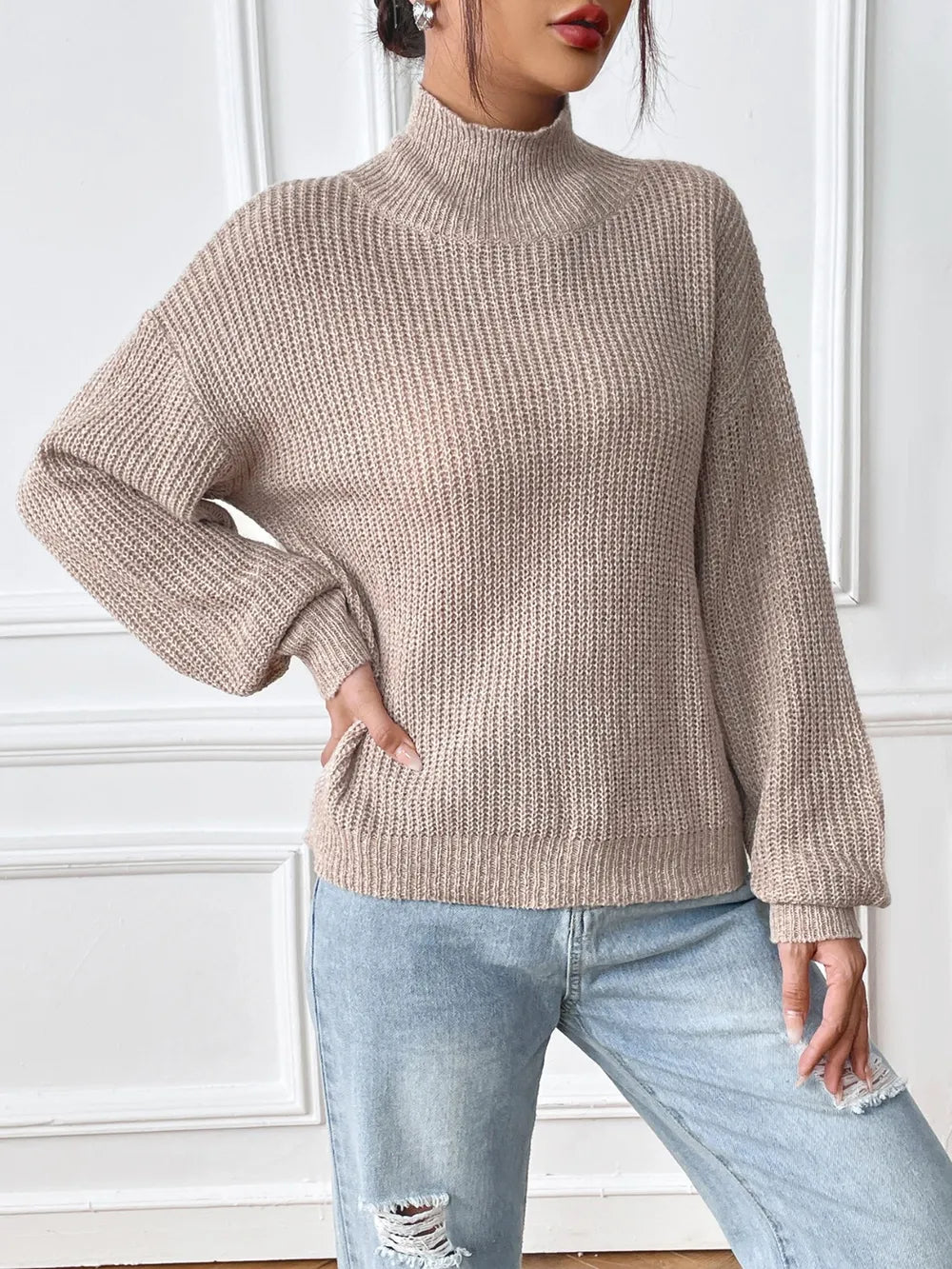 Women's semi high neck pullover sweater with mixed colors and floral patterns for autumn and winter base