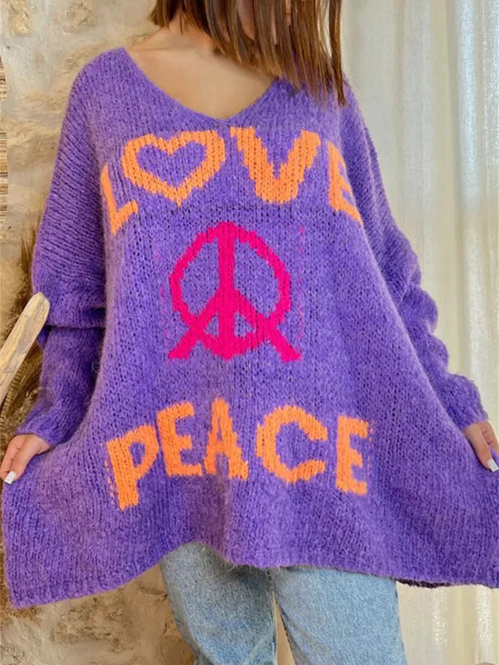 Women's V-neck letter loose and lazy knitted sweater